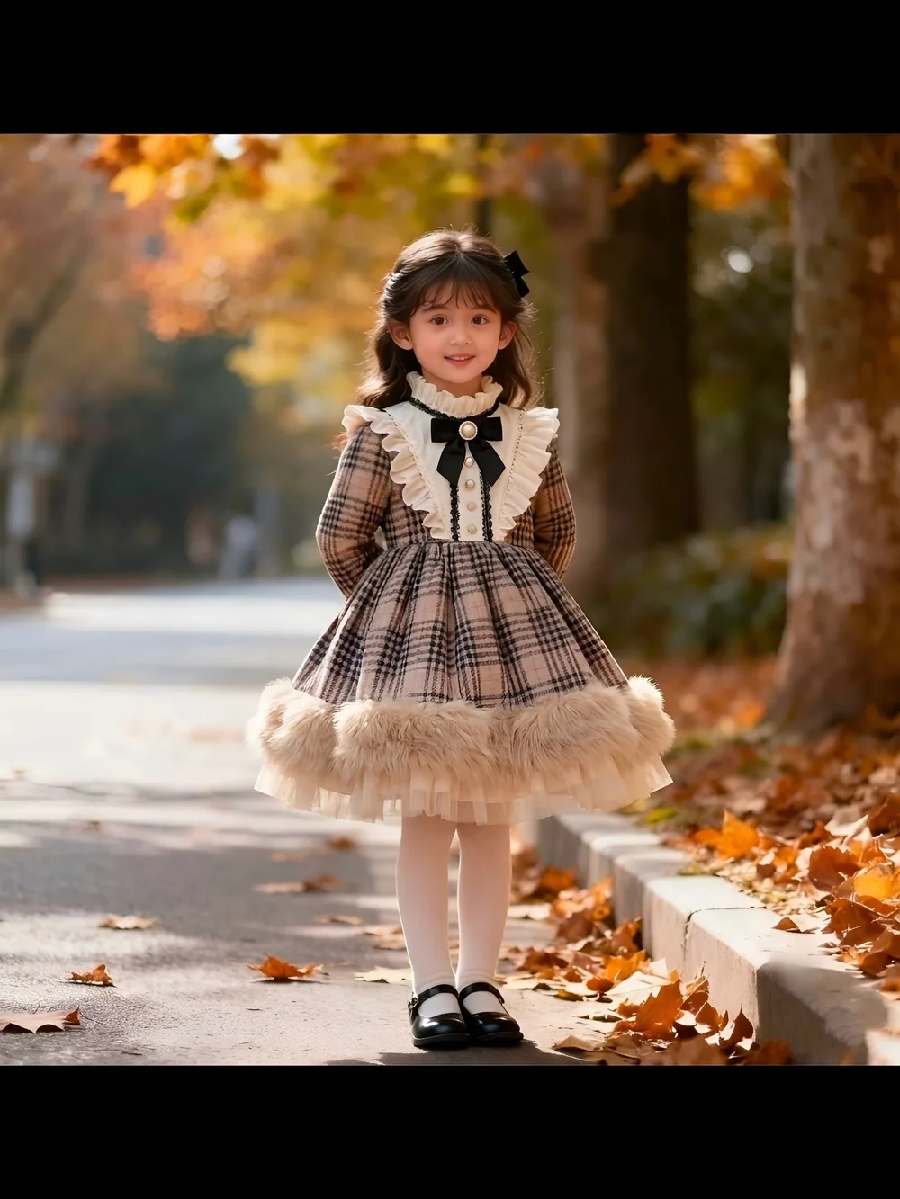 Classic Plaid Girls' Fancy Dress with Faux-Fur Trim - Cream & Brown